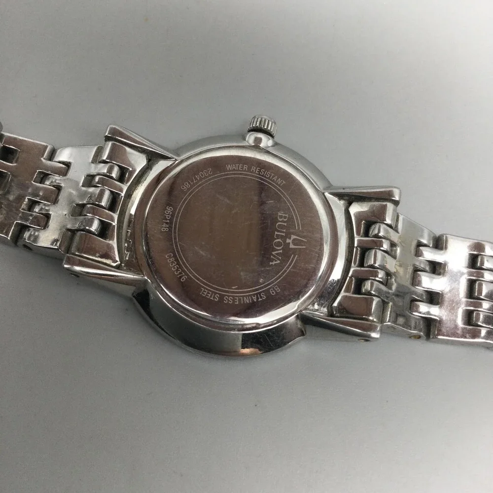 Bulova Womens Watch 27mm Black Dial Stainless Steel B96P148 New Battery 7.5